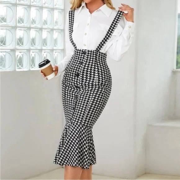 Mermaid Hem Skirt with suspenders Houndstooth Print - Picture 3 of 9